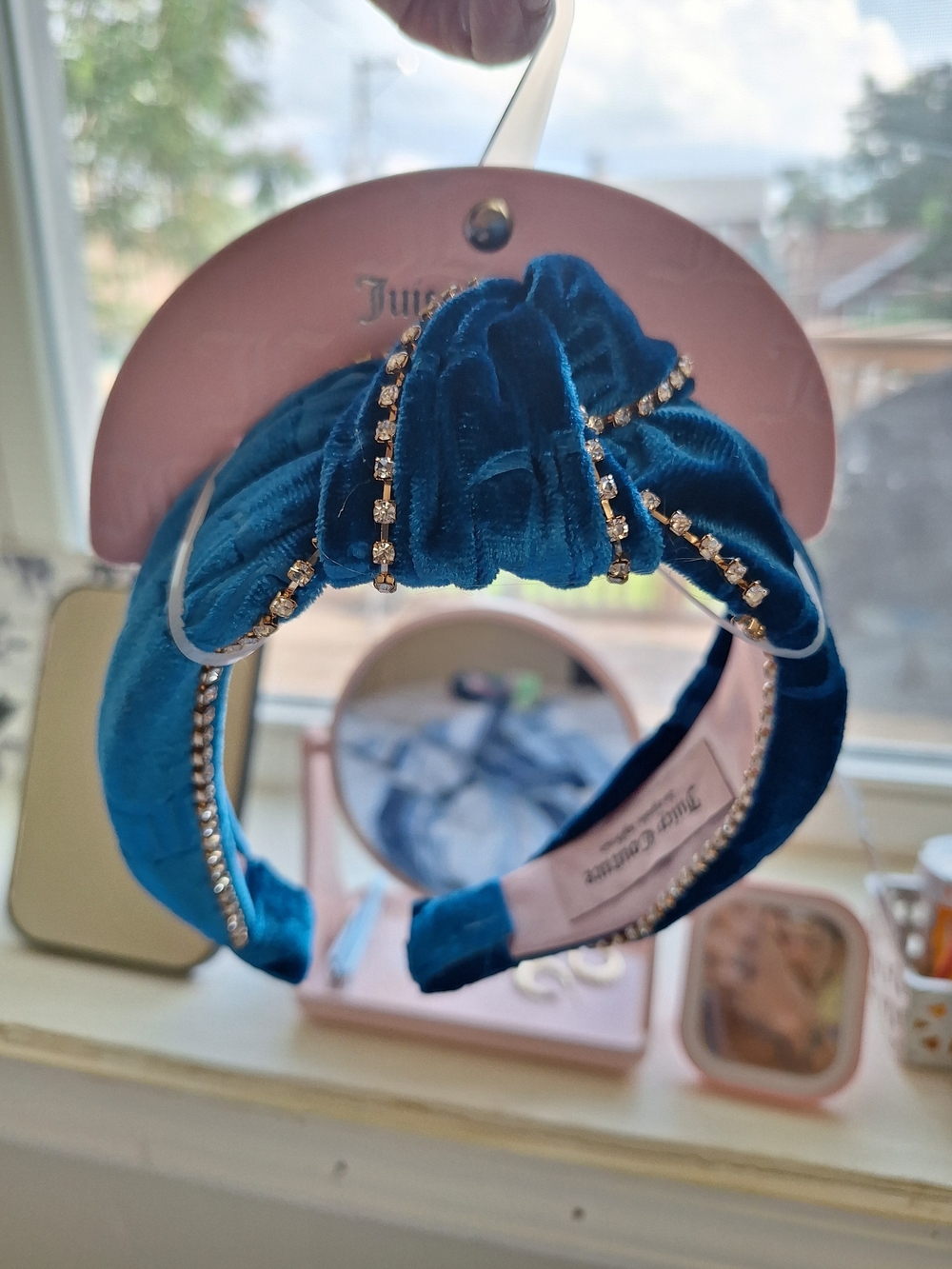 Juicy Couture Teal Velvet Knotted Headband with Rhinestone Trim
